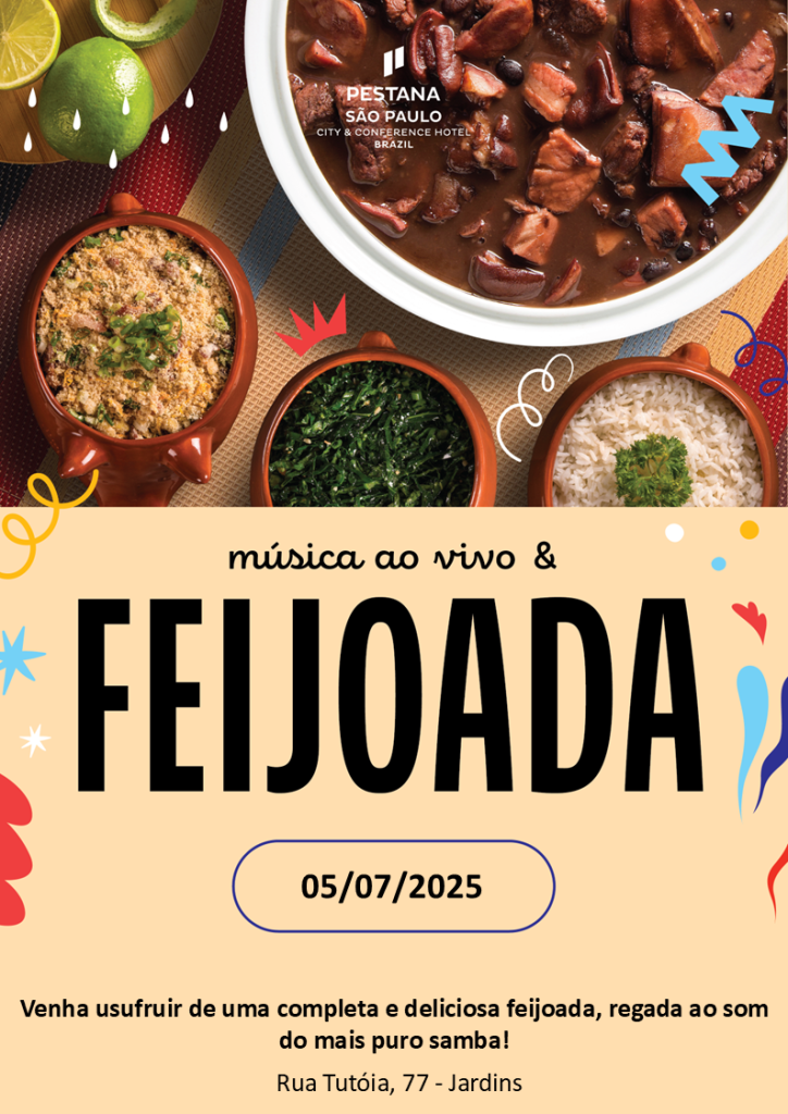 imagem mostra informações do evento de feijoada com musica ao vivo do Hotel Pestana