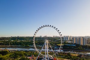imagem mostra roda gigante situada em um parque com a cidade ao fundo