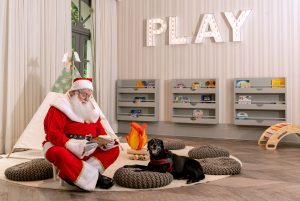 imagem mostra papai noel sentado no chão com cachorro